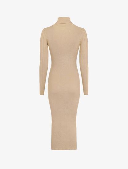 Robe pull à col roulé et épaules à détail boutons - Beige - 2