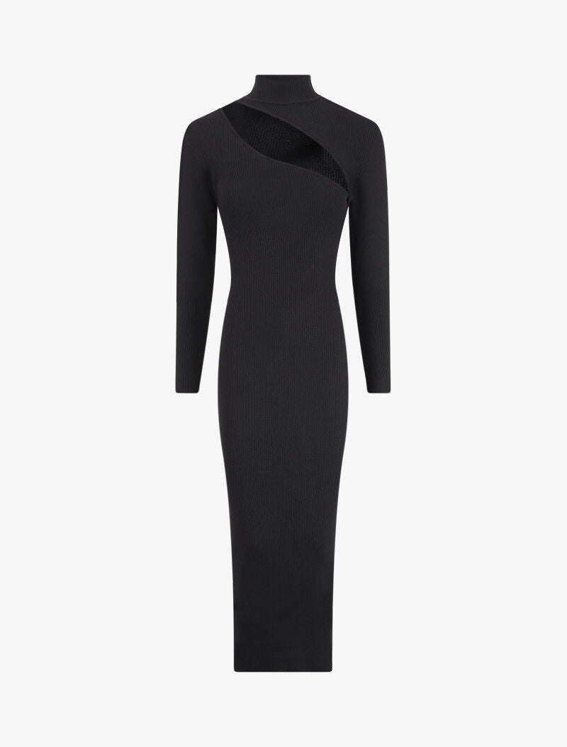 Robe pull côtelée et moulante à décolleté asymétrique - Noir - 1