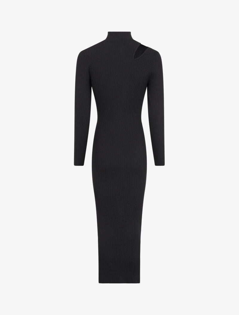 Robe pull côtelée et moulante à décolleté asymétrique - Noir - 2