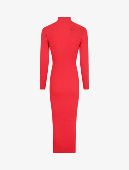 Robe pull côtelée et moulante à décolleté asymétrique - Rouge - 2