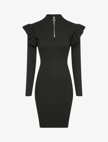 Robe pull à col zippé et épaules volantées - Noir - 1