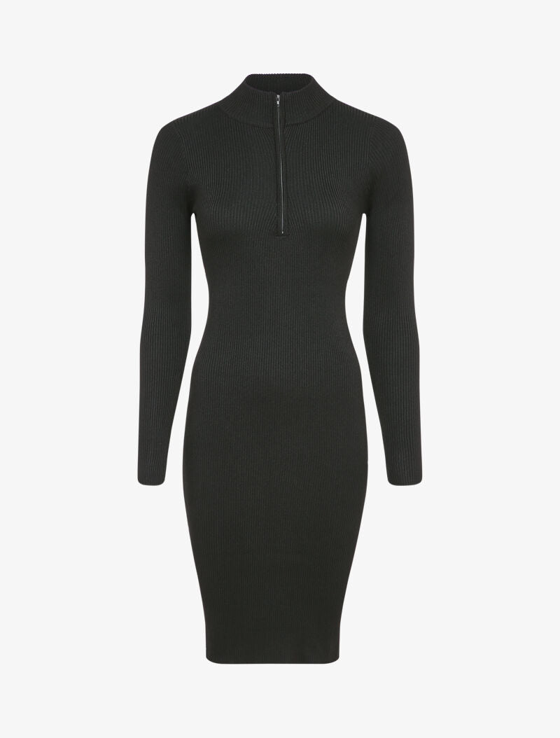 Robe pull côtelée à col montant zippé - Noir - 1