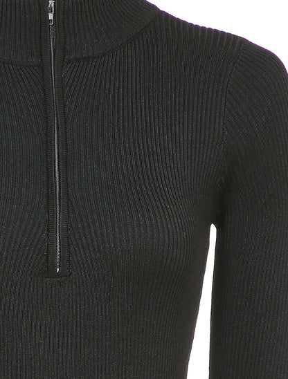 Robe pull côtelée à col montant zippé - Noir - 3