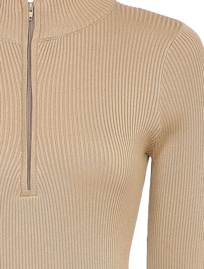 Robe pull côtelée à col montant zippé - Camel - 3