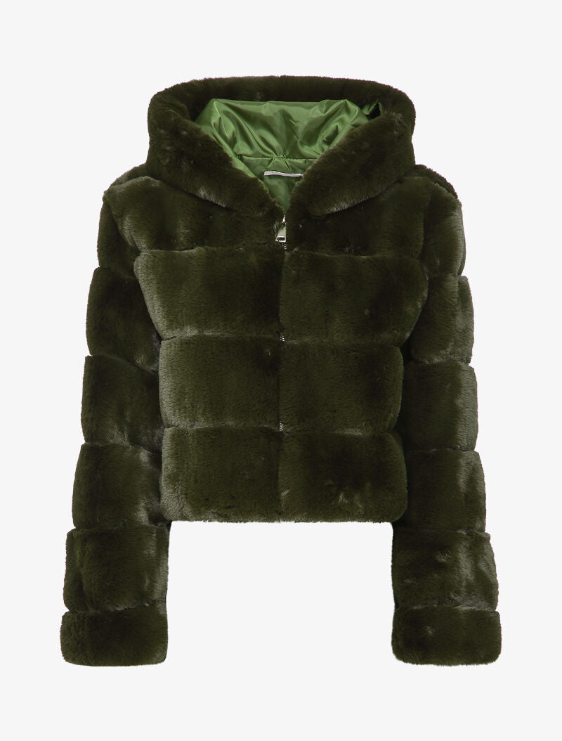 Manteau court en fausse fourrure - Kaki - 1