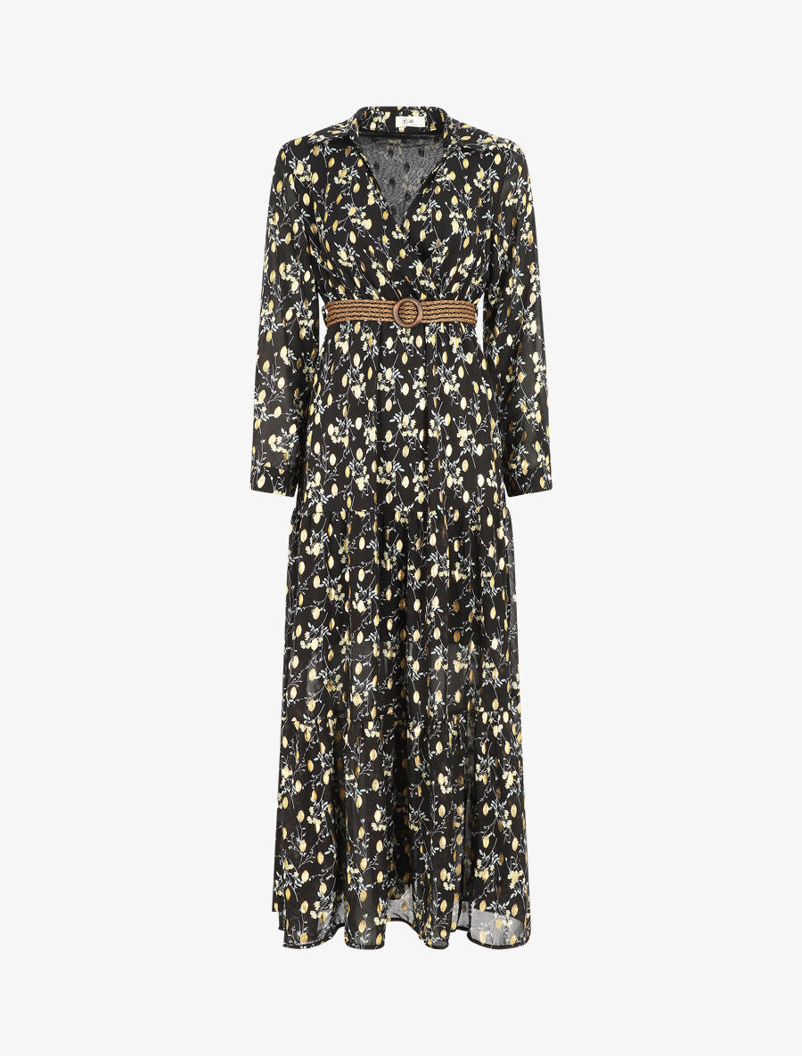 Robe longue en voile imprimé fleuri - Noir - 5