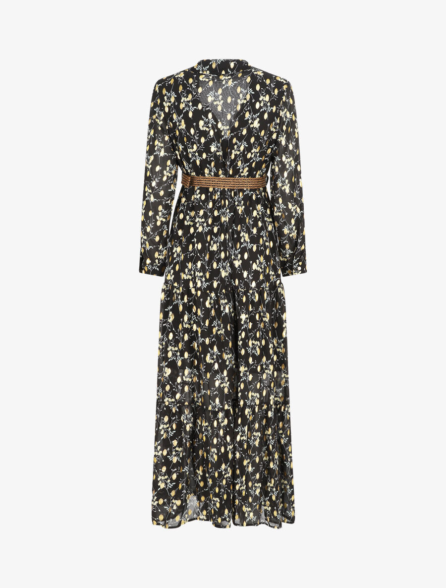 Robe longue en voile imprimé fleuri - Noir - 2