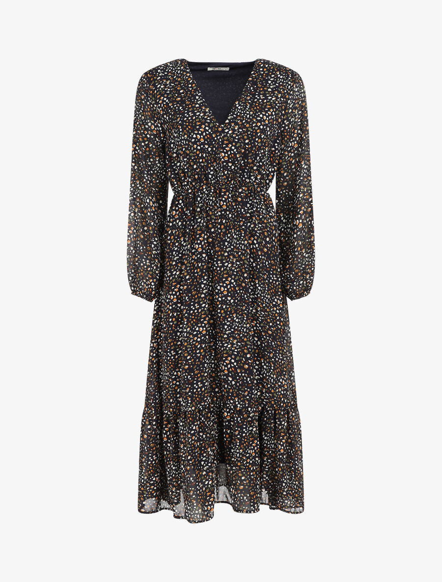 Robe longue col V imprimé moucheté - Marine - 1