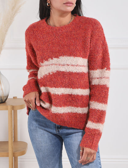 Pull duveteux à motif rayures - Rouge - 1