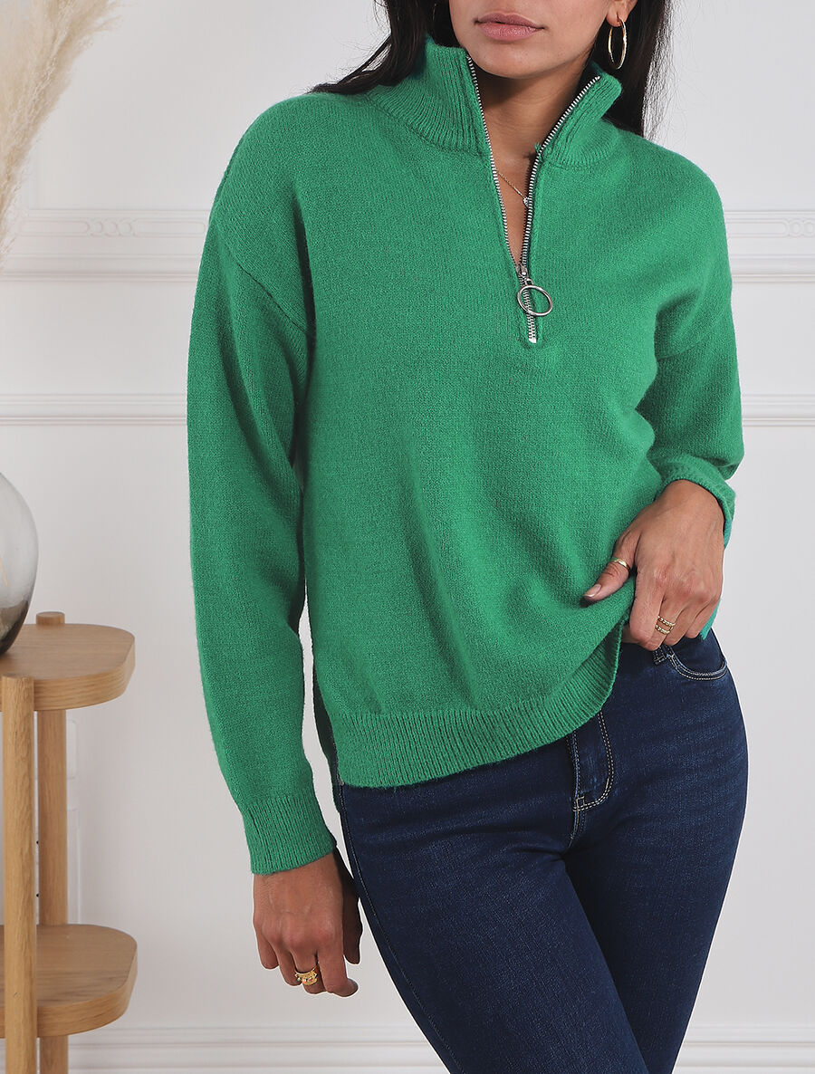 Pull uni à col montant zippé - Vert - 4