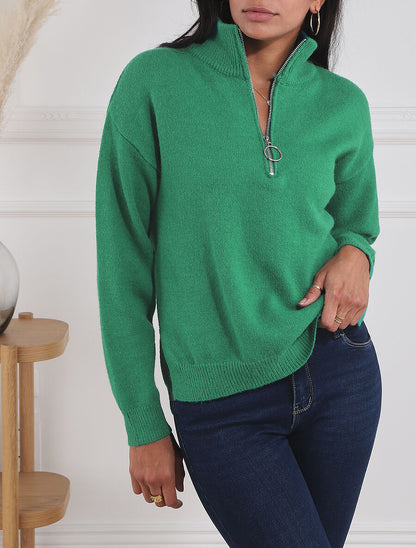 Pull uni à col montant zippé - Vert - 4