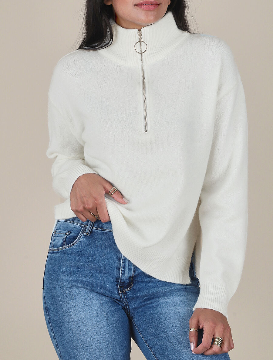 Pull uni à col montant zippé - Blanc - 5