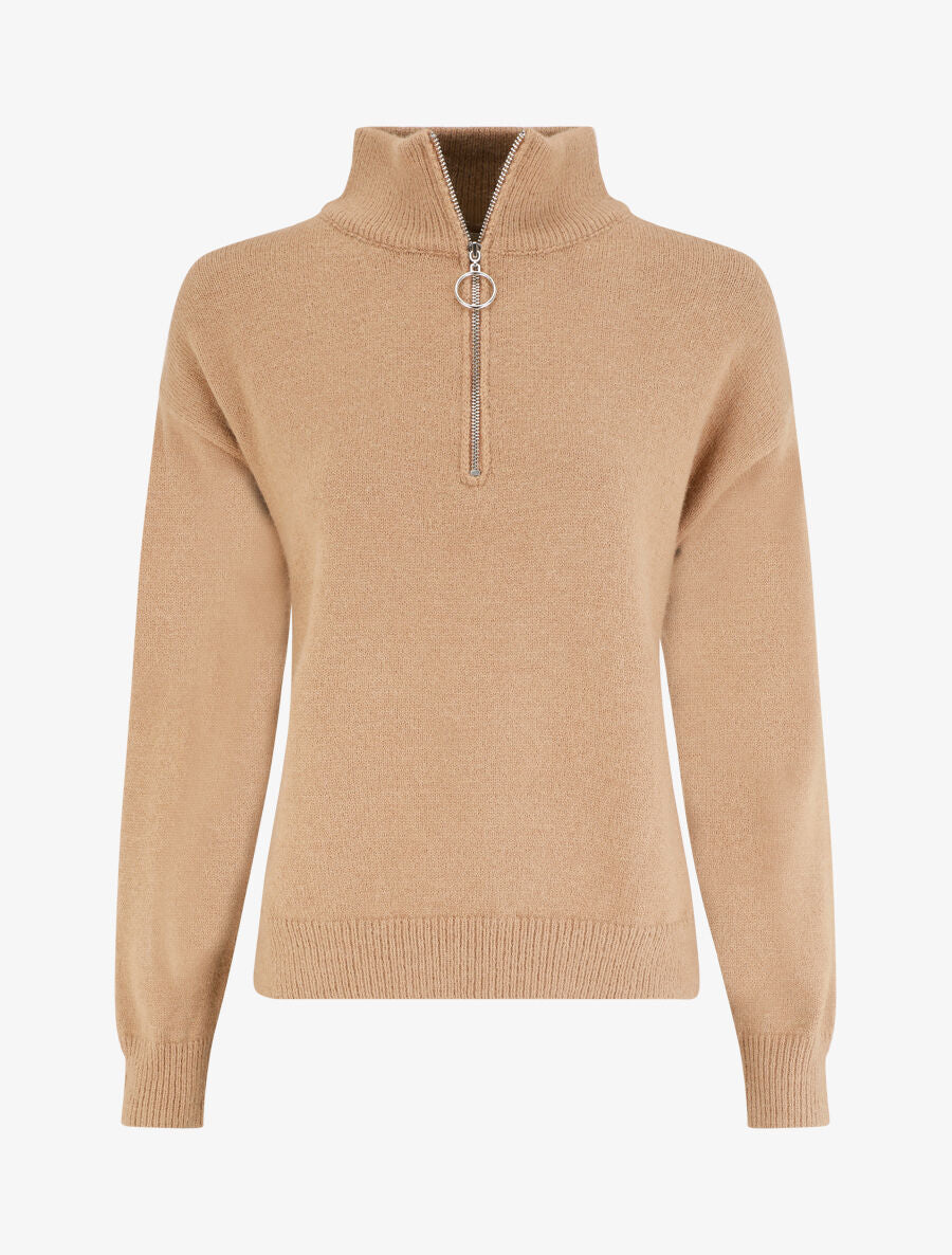 Pull uni à col montant zippé - Camel - 5
