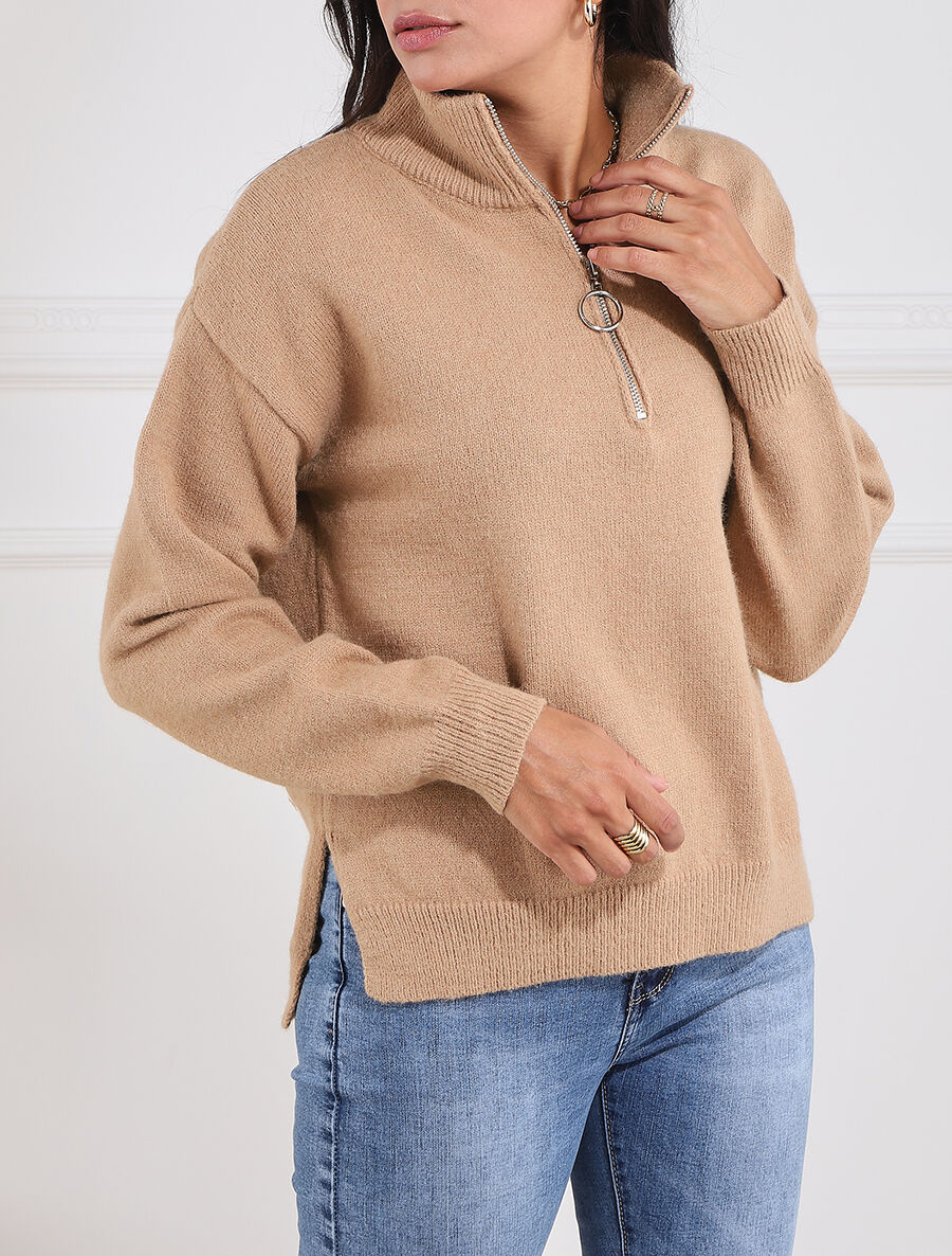 Pull uni à col montant zippé - Camel - 4