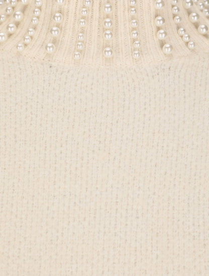 Pull col à perles - Beige - 3