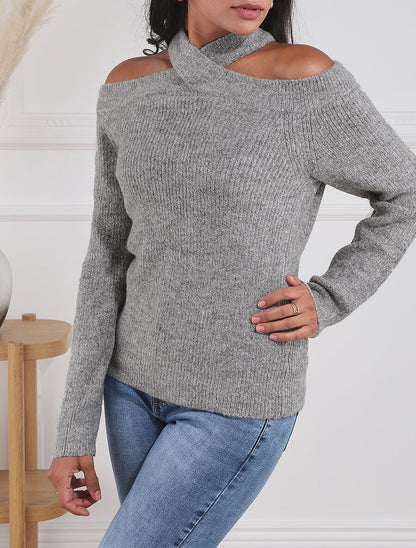 Pull uni à épaule ajourée - Gris - 4