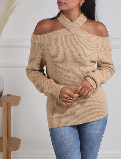 Pull uni à épaule ajourée - Camel - 4