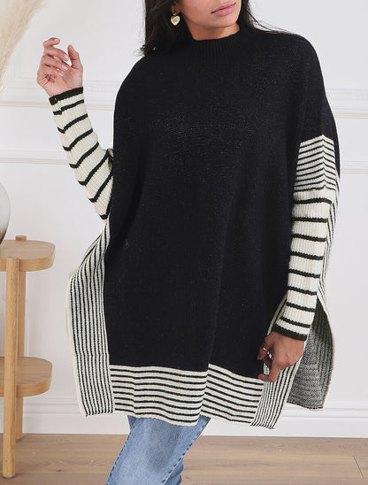 Pull carré oversize à bords rayés - Noir - 1
