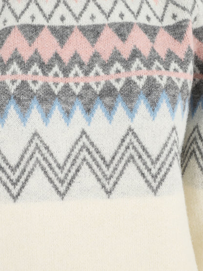 Pull col rond à motif jacquard - Blanc - 3