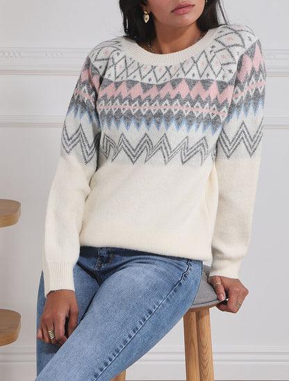 Pull col rond à motif jacquard - Blanc - 4