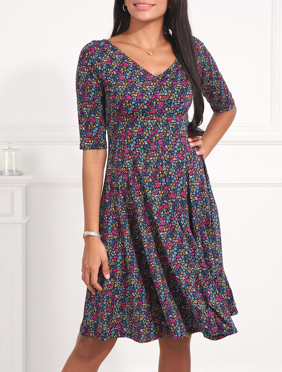 Robe évasée à petites fleurs - Marine - 4