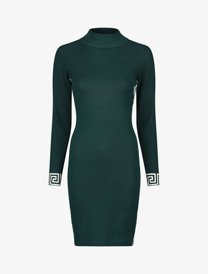 Robe pull à col montant et motifs grec - Vert - 1