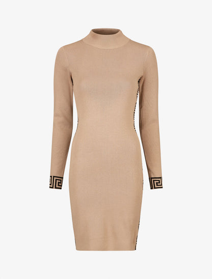 Robe pull à col montant et motifs grec - Beige - 1
