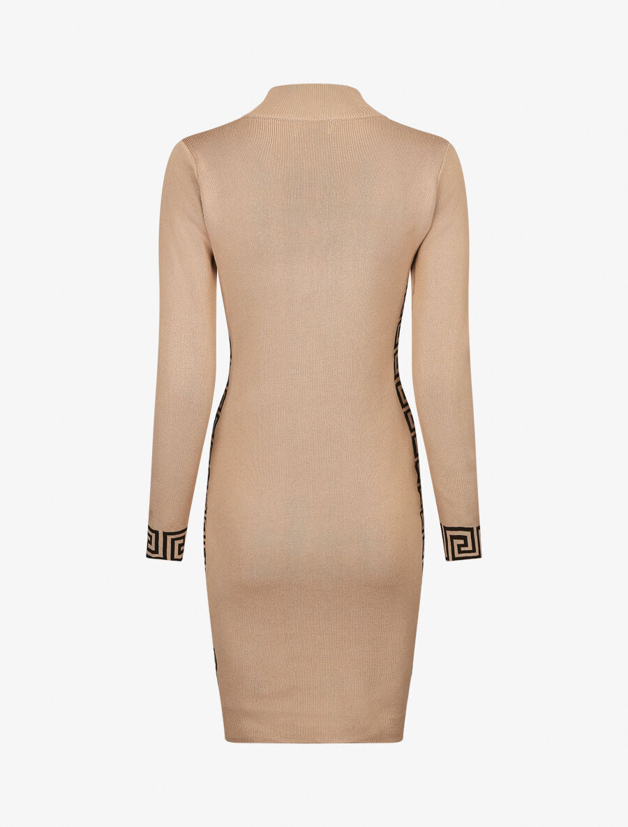 Robe pull à col montant et motifs grec - Beige - 2