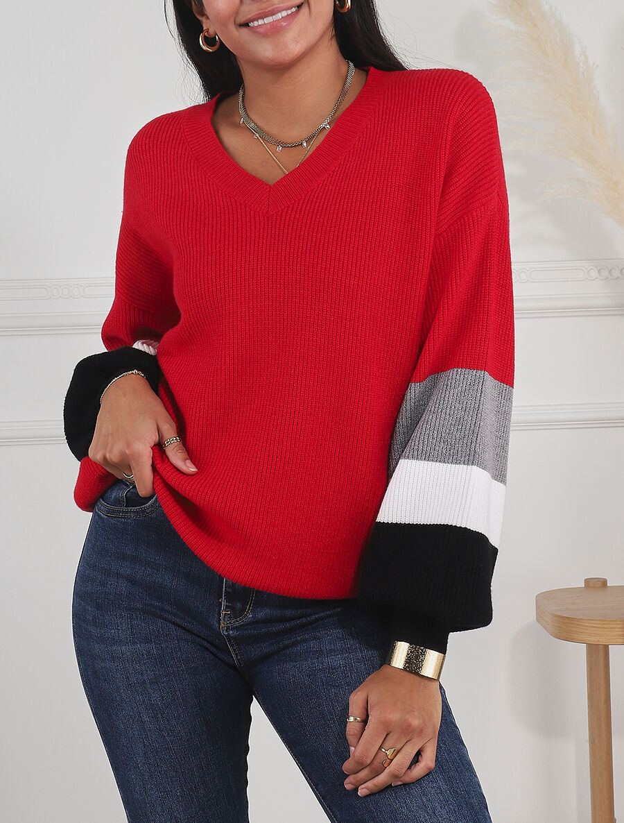 Pull oversize manches longues rayées - Rouge - 4