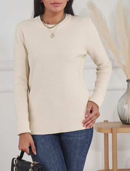 Pull droit côtelé en laine mélangée - Beige - 4