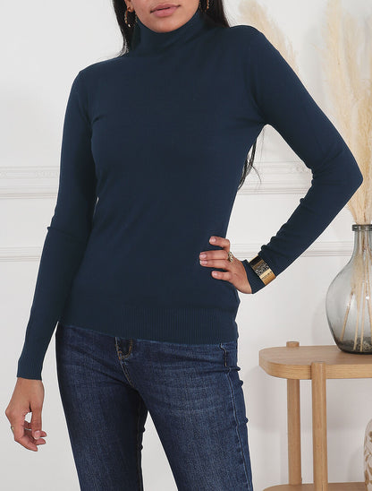 Pull fin en laine mélangée à col roulé - Marine - 4