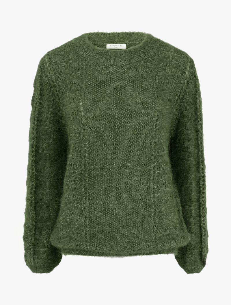Pull en maille duveteuse ajourée et irisée - Kaki - 1