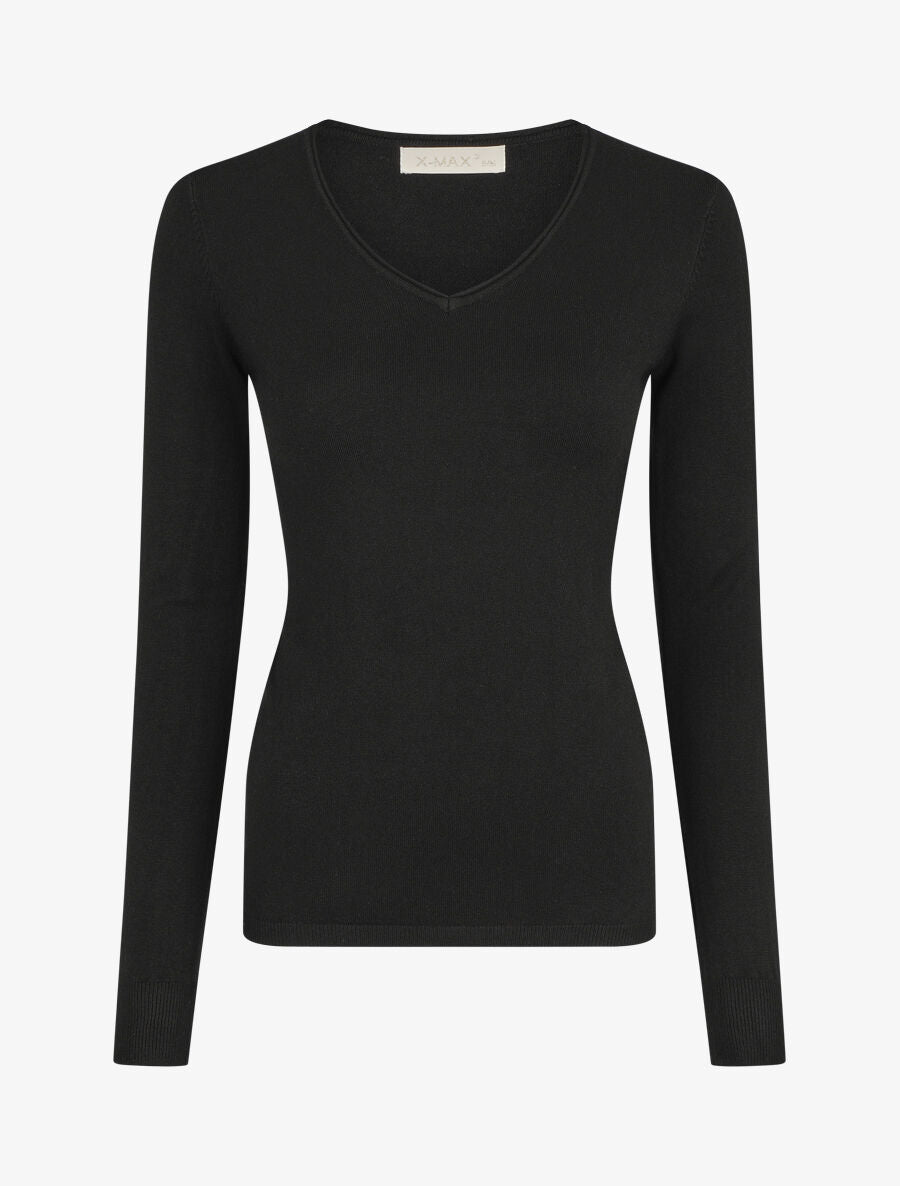 Pull fin en laine mélangée à col V - Noir - 1