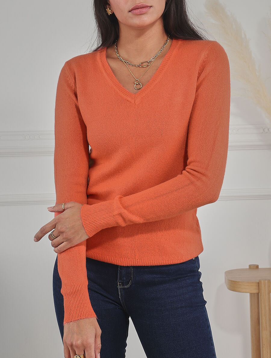 Pull en laine mélangée à col V - Corail - 4