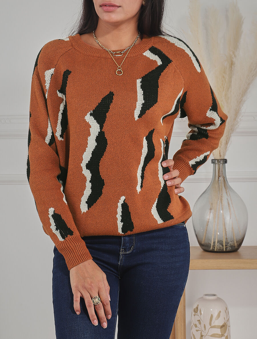 Pull en laine mélangée imprimé vintage - Marron - 4