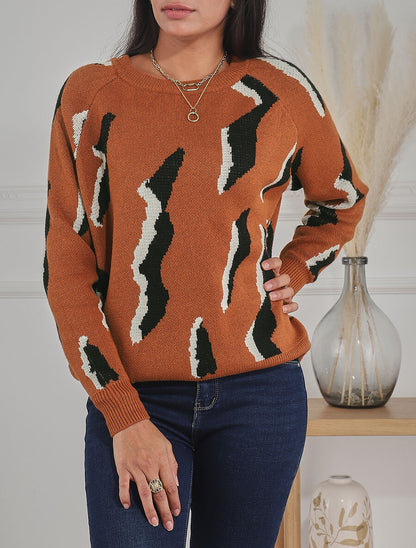 Pull en laine mélangée imprimé vintage - Marron - 4