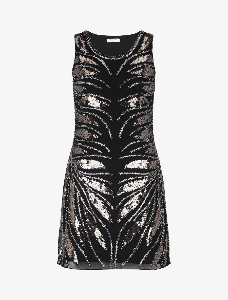 Robe courte sans manches à sequins - Noir - 1