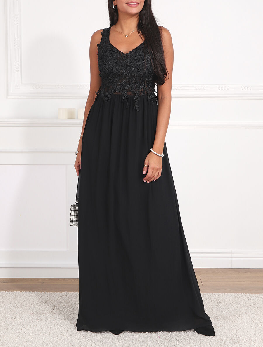 Robe longue à bustier en dentelle et dos nu - Noir - 4