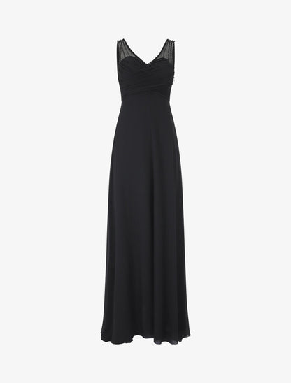 Robe longue à décolleté plissé - Noir - 1