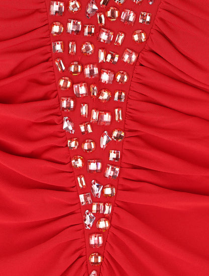 Robe bustier évasée incrustée de pierres - Rouge - 3