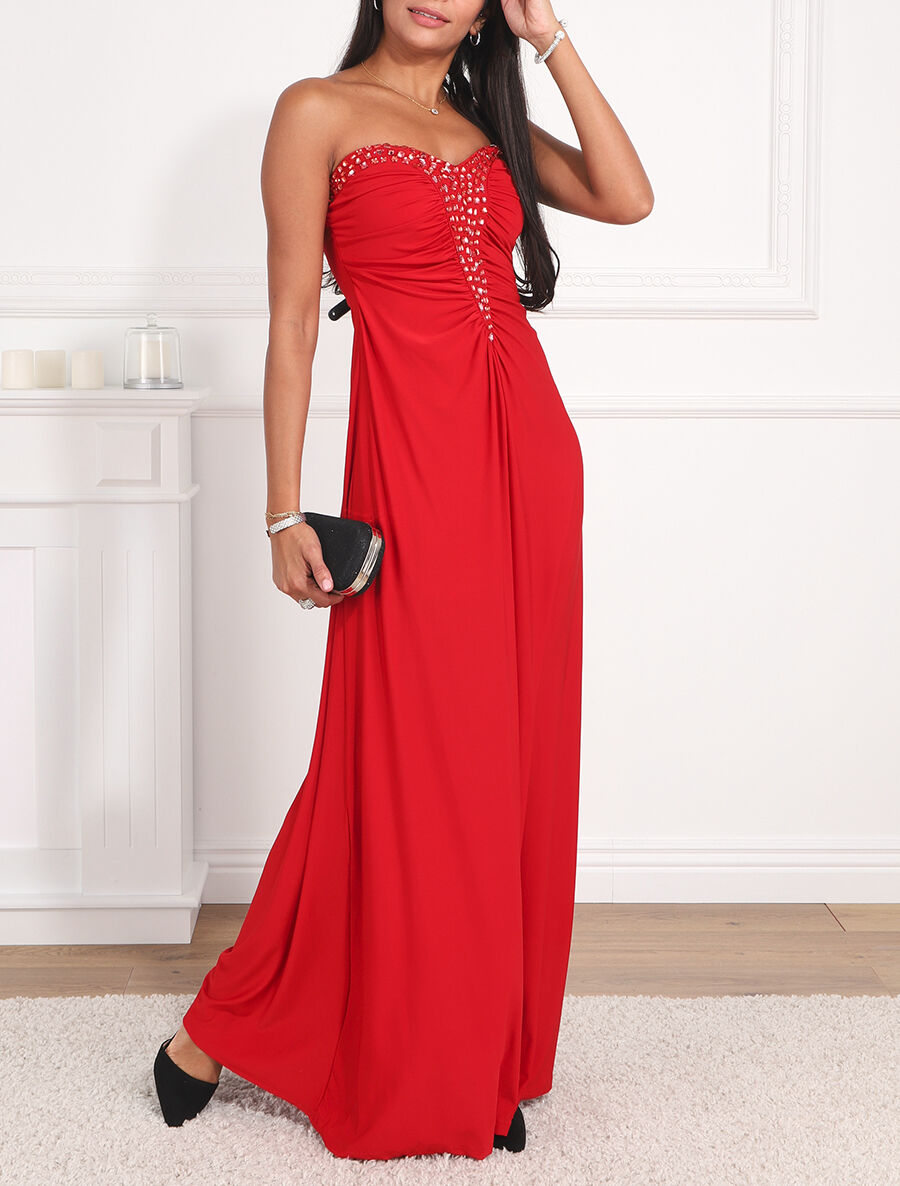 Robe bustier évasée incrustée de pierres - Rouge - 4