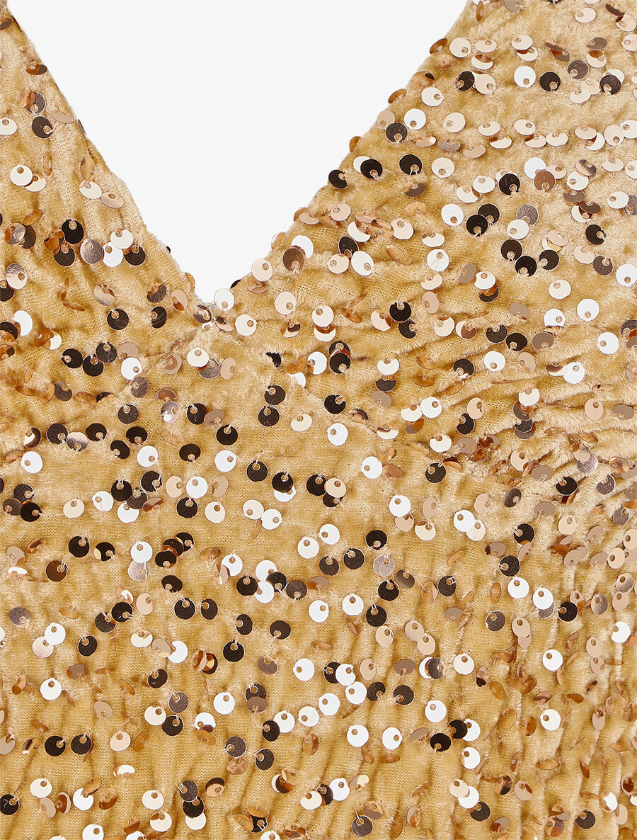 Robe courte en velours à sequins - Beige - 3