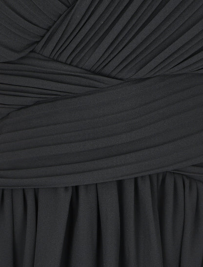 Robe unie col cache-coeur plissé - Noir - 3