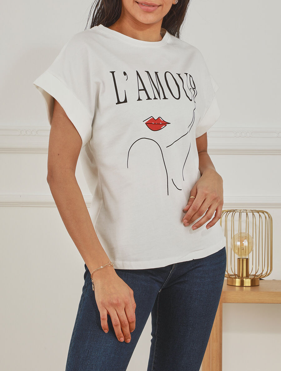 T-shirt à manches courtes imprimé à flocage amour - Blanc - 4
