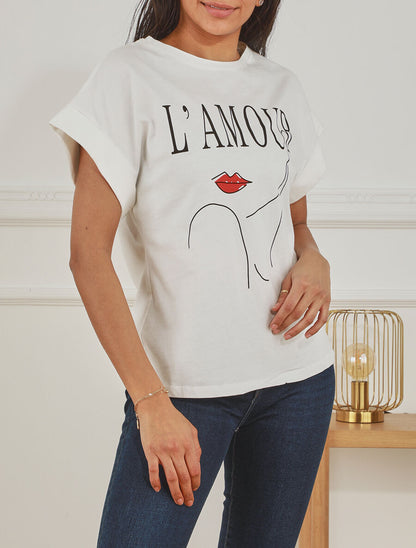 T-shirt à manches courtes imprimé à flocage amour - Blanc - 4