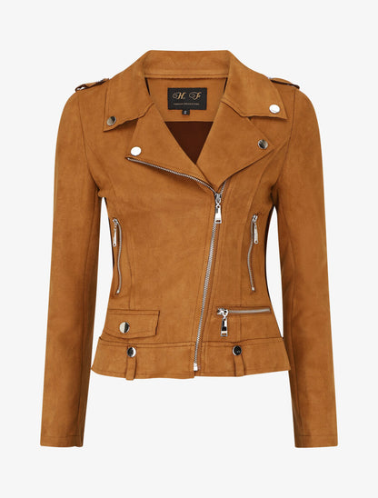 Veste en suédine style perfecto à zip - Camel foncé - 5
