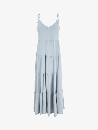 Robe longue à fines bretelles à nouer aux épaules - Bleu ciel - 1