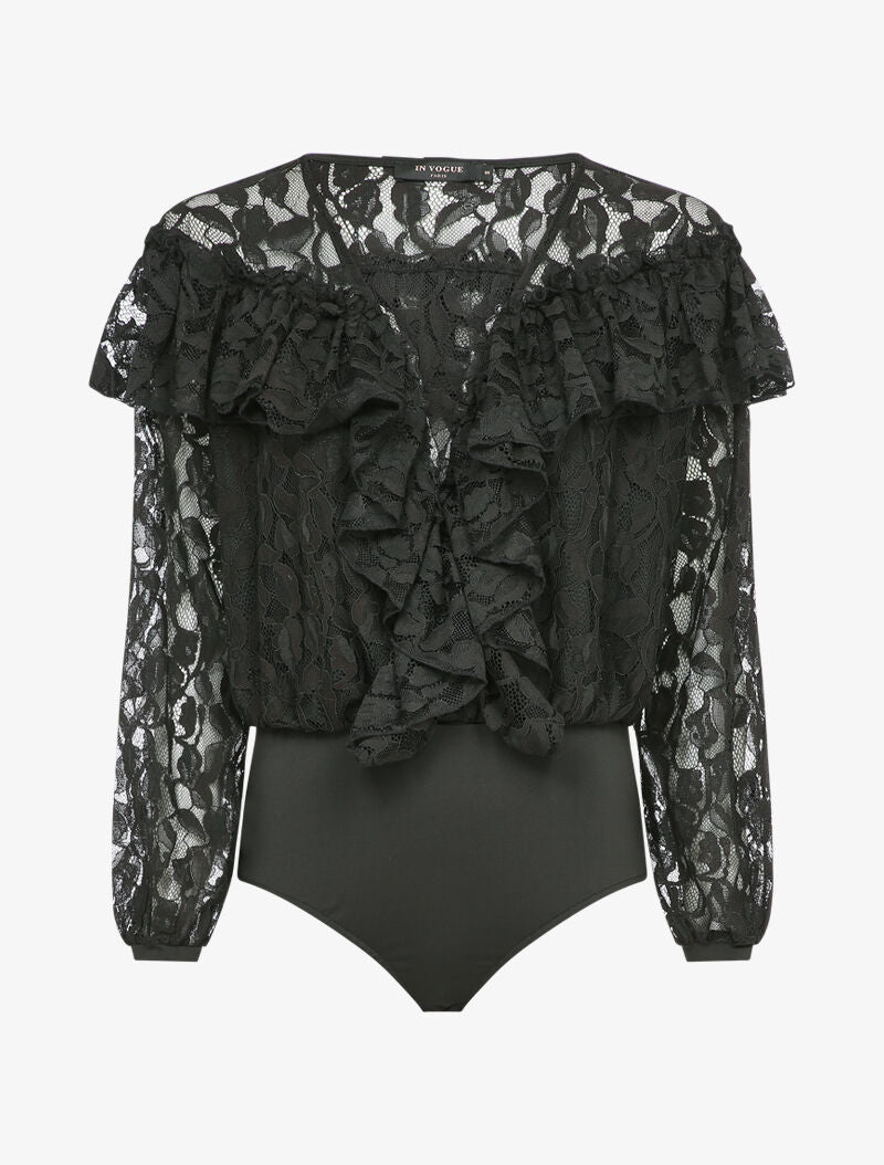 Body en dentelle à volants et décolleté plongeant - Noir - 4