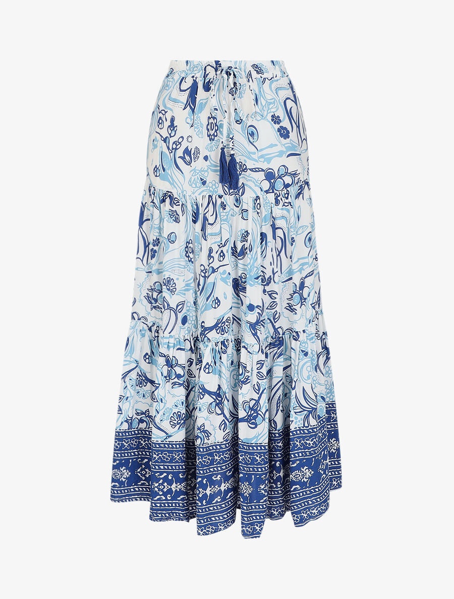 Jupe longue élastiquée imprimé fleuri - Bleu - 1