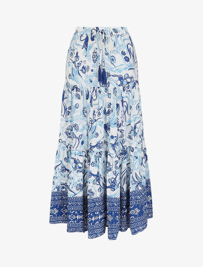Jupe longue élastiquée imprimé fleuri - Bleu - 1